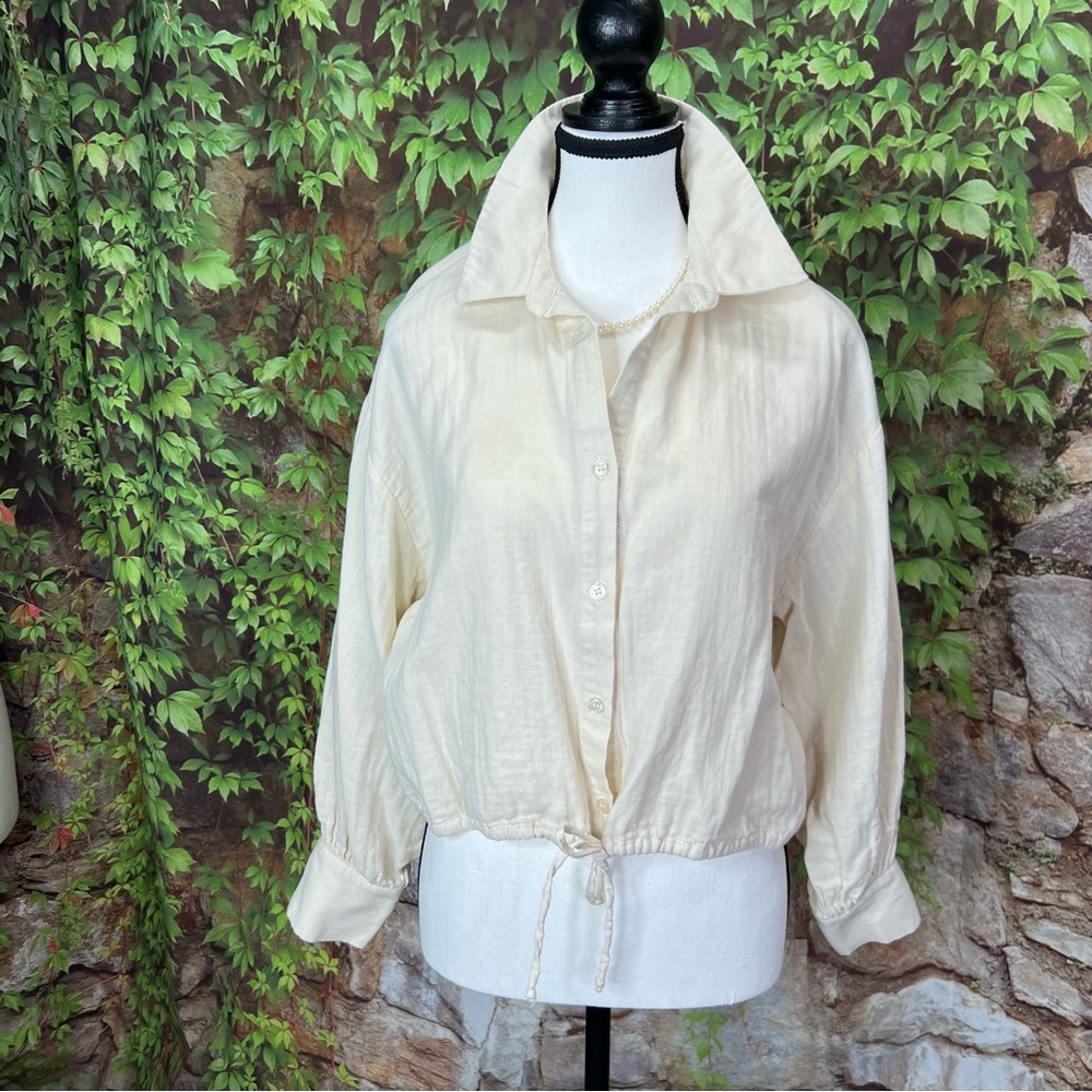 DREW Tan Button Front Quiet Luxury Drawstring Cropped Blouse, S - Picture 2 of 10
